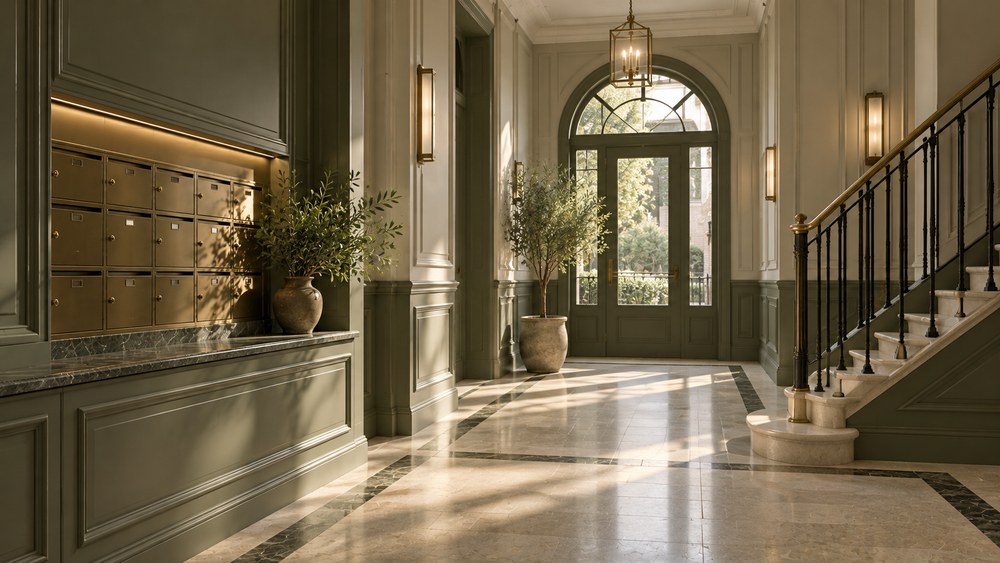 A drawing of a communal entrance hall: a recessed bank of letterboxes above a counter on the left, a stone floor with a dark border, a potted tree, and a stair with an iron balustrade and a brass handrail on the right.